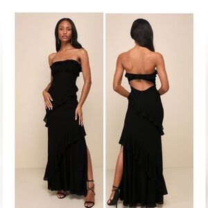 Lulus Dramatic Allure Black Ruffled Cutout Strapless Maxi Dress Size XS 0